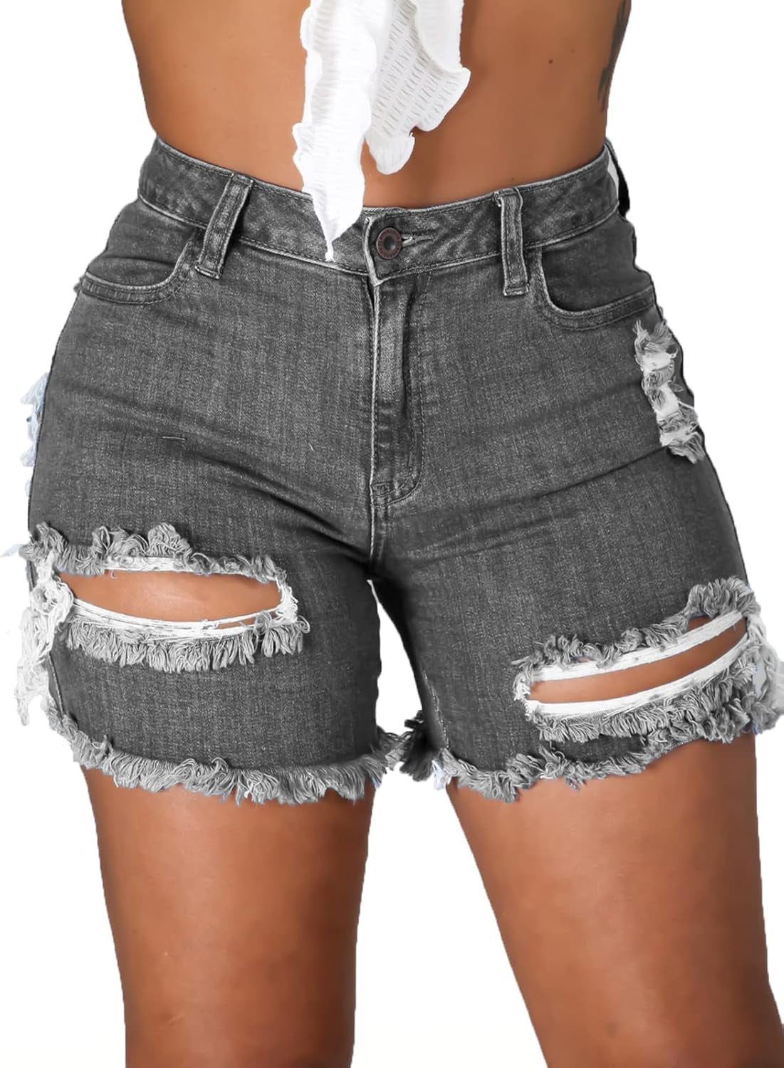 Women High Rise Distressed Stretchy Jean Shorts Ripped Hole Denim Short Jeans