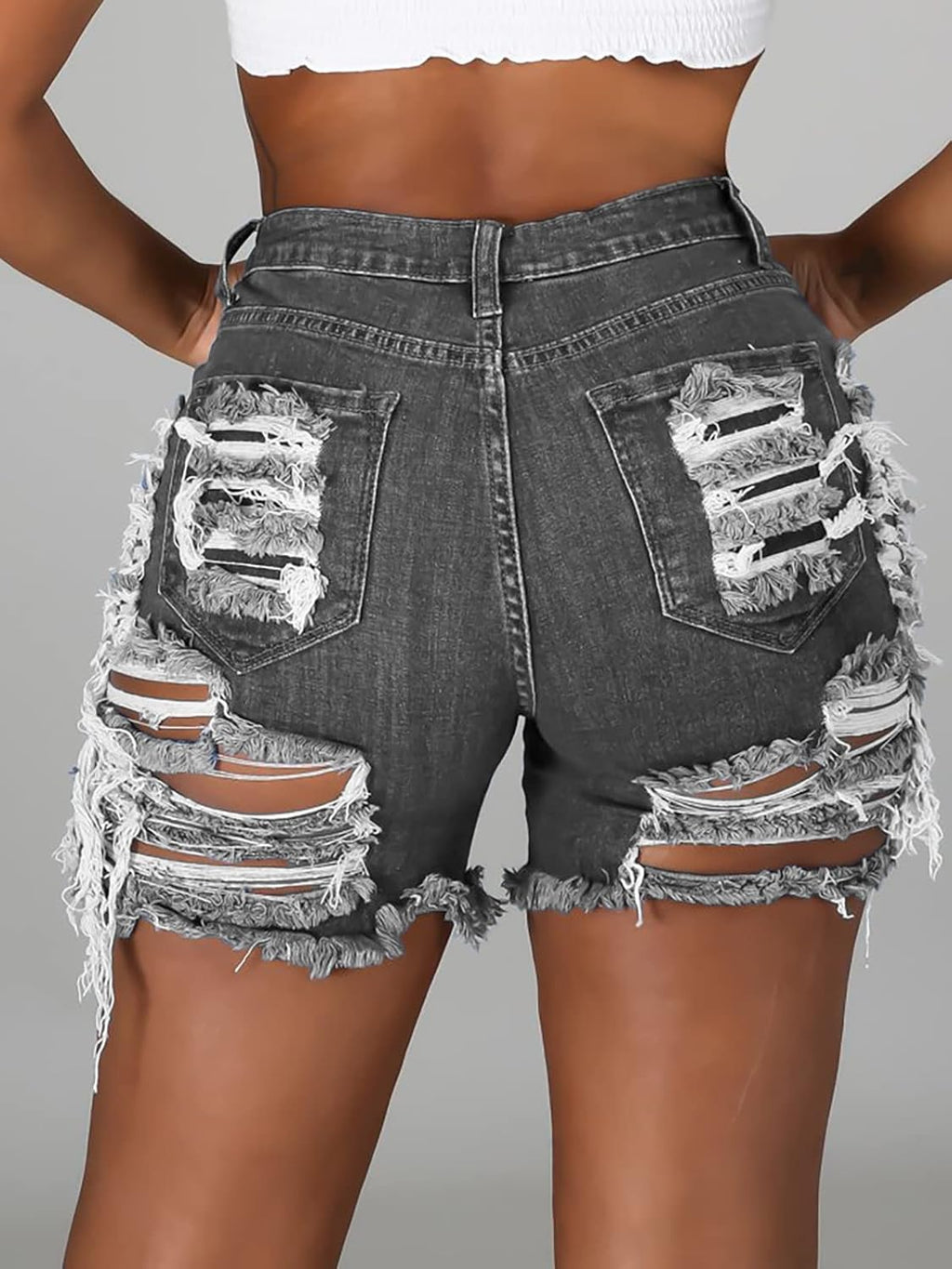 Women High Rise Distressed Stretchy Jean Shorts Ripped Hole Denim Short Jeans