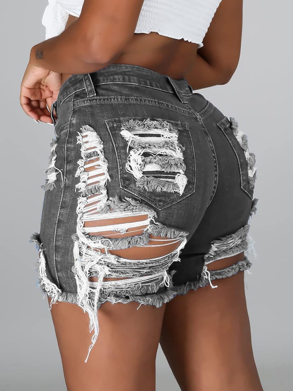 Women High Rise Distressed Stretchy Jean Shorts Ripped Hole Denim Short Jeans